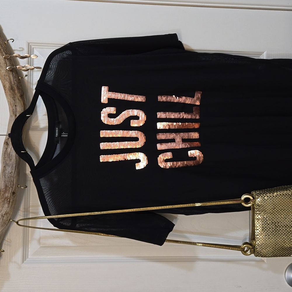 ☢️3 For $20. Forever 21-shirt,short sleeve,black,mesh Just Chill"